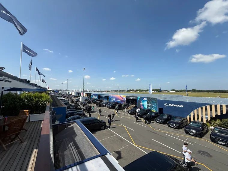 A view down Chalet Row at Le Bourget, with Boeing on the right and Lockheed on the left.