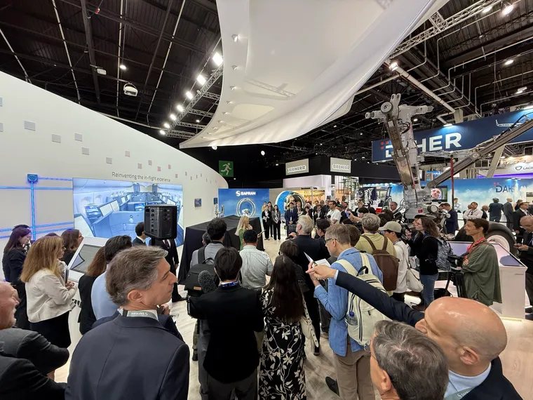 Media gathered at the Safran stand awaited the unveiling of the new Safran The Room FX seat at Le Bourget.