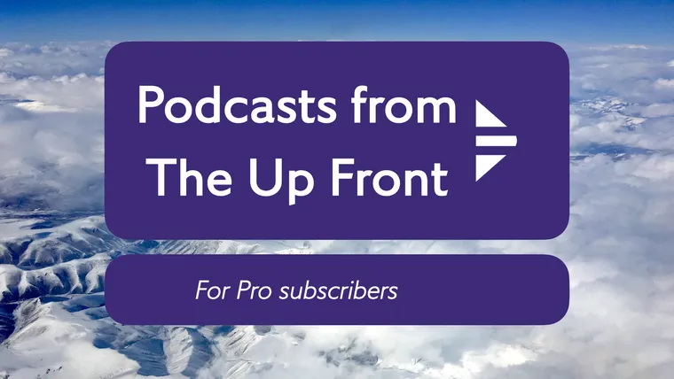 Mountains and clouds from about 40,000 feet, plus the logo for the podcast