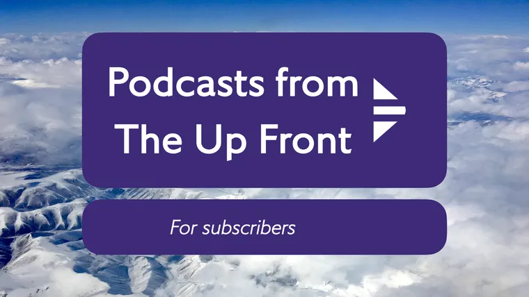 Mountains and clouds from about 40,000 feet, plus the logo for the podcast