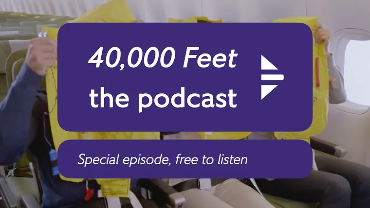 Screenshot, Qantas safety video. Podcast logo superimposed. Three passengers are putting their lifejackets on.