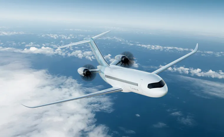 Rendering of the MAEVE Jet, a T-tail rear open-rotor engined aircraft.