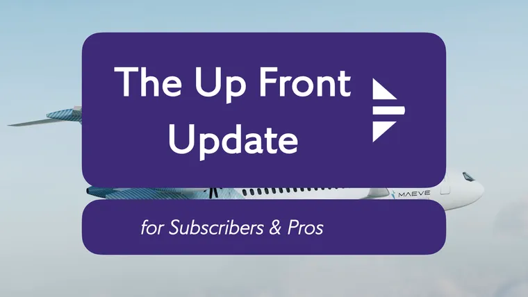 Rendering: The rear-engined Maeve Jet in the sky, with the Update logo in front