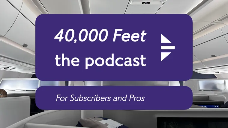 The Lufthansa Allegris business class cabin in greys and blues, with the podcast logo on top.