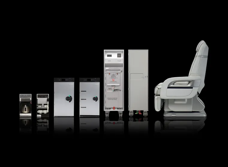 A press image with galley inserts, trolleys and a reclining premium seat 