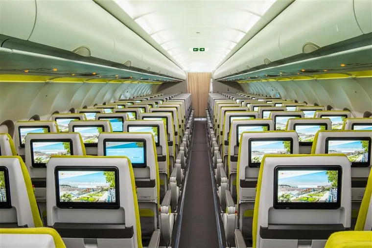 Interior, TAP A321LR, economy cabin. Light grey seats, IFE screens, green seat covers