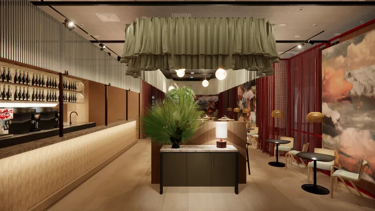 Interior, airport lounge, windowless area with temporary walls and industrial ceiling, muddy green and burgundy colouring.