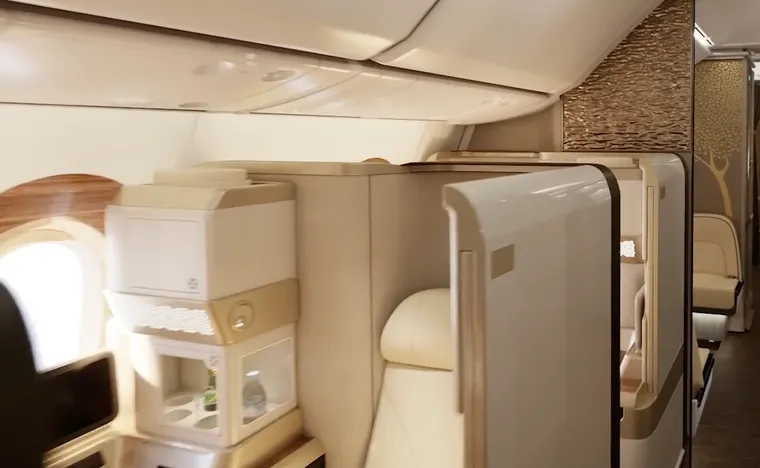 A light beige high-walled seat with metal accents on a 777X cabin.