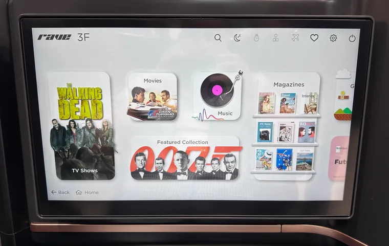 Closeup on a RAVE inflight entertainment screen.