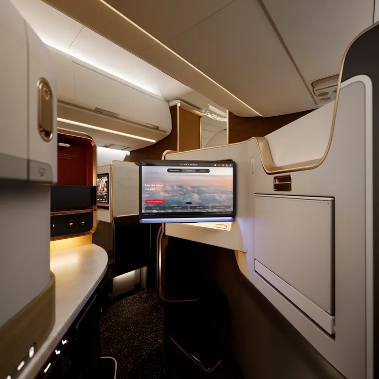 Interior rendering, Air Canada A321XLR: the business class seat from a seated position, with monitor out, from the second row or so.