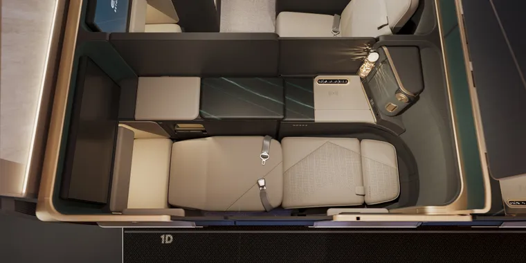 Rendering, Etihad first class, Vantage First, 1D (left aisle side), from above, in full recline mode, no soft product. Seat in beiges, greys and deep jade greens.