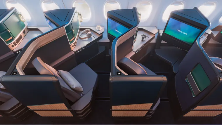 Rendering: Alaska 737 MAX 10, window-facing herringbone seat in dark neutrals, woods and deep teal.
